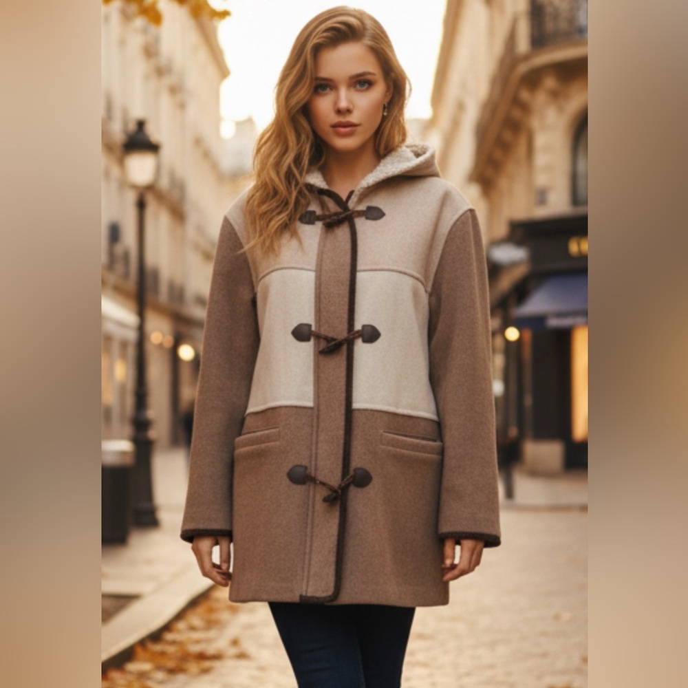 Gallery Women's Brown and Cream Hooded Trench Coat 80% Wool